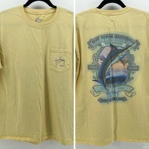 Guy Harvey AFTCO Mens T-Shirt Yellow Blue Marlin Cayman Islands 100% Cotton L